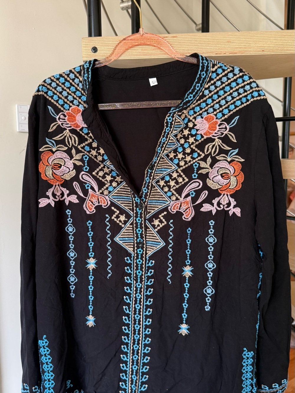 Embroidered Black Tunic with Multicolor Floral Detail